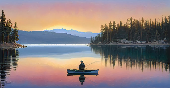A peaceful sunrise scene at Big Bear Lake, featuring a fisherman in a boat with mist over the water and mountains in the background.