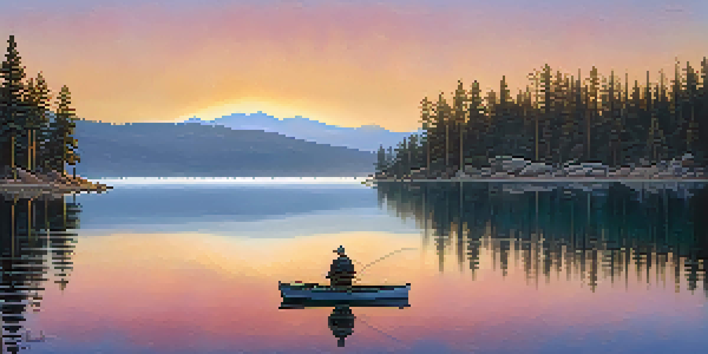 A peaceful sunrise scene at Big Bear Lake, featuring a fisherman in a boat with mist over the water and mountains in the background.