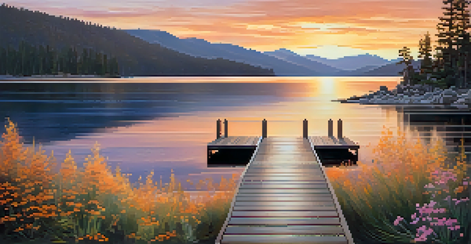 A picturesque sunset over Big Bear Lake, with a wooden dock and surrounding pine trees.