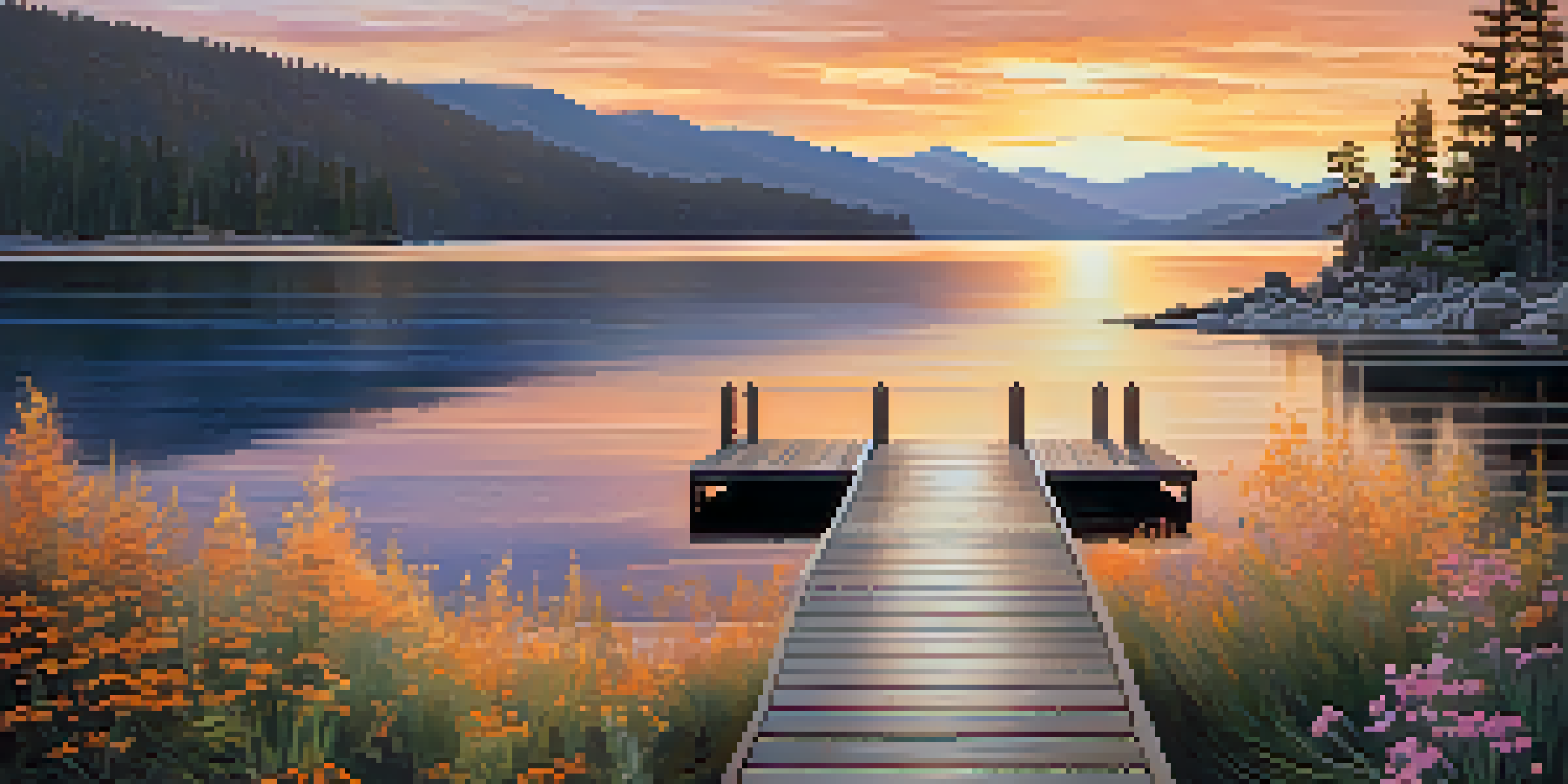 A picturesque sunset over Big Bear Lake, with a wooden dock and surrounding pine trees.