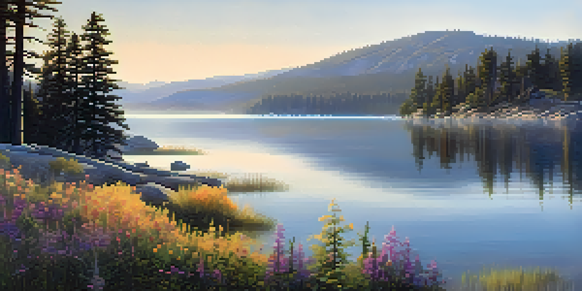 A tranquil sunrise view of Big Bear Lake with wildflowers in the foreground and misty mountains in the background.