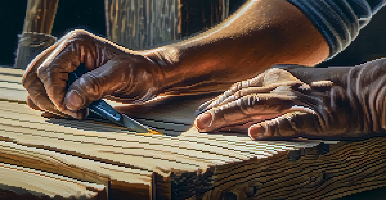 Close-up of an artisan's hands sanding reclaimed wood, showcasing its unique texture and imperfections in soft lighting.
