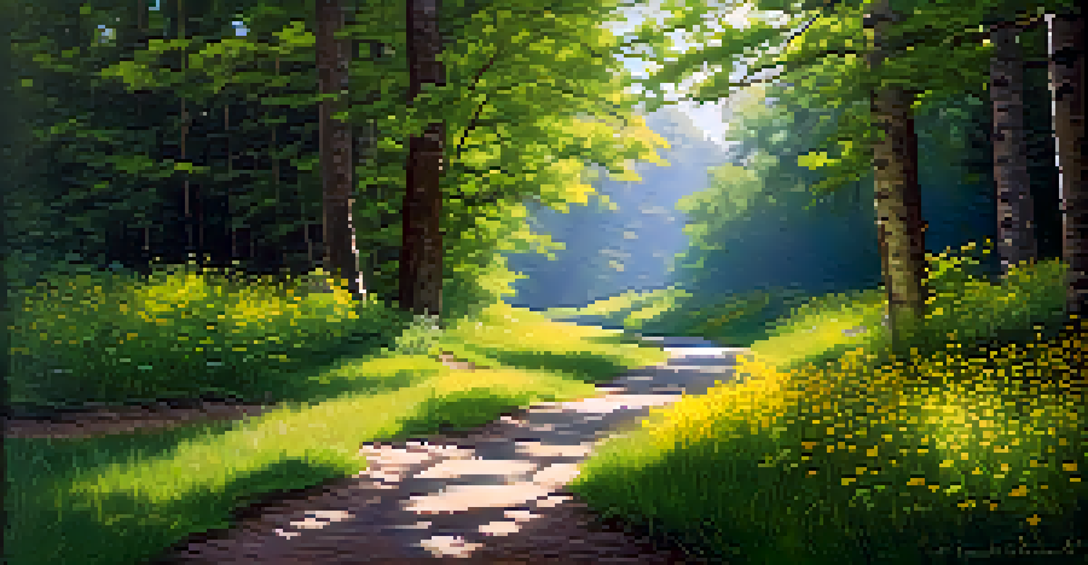 A serene forest path along Coon Creek Road with blooming wildflowers and a gentle creek.