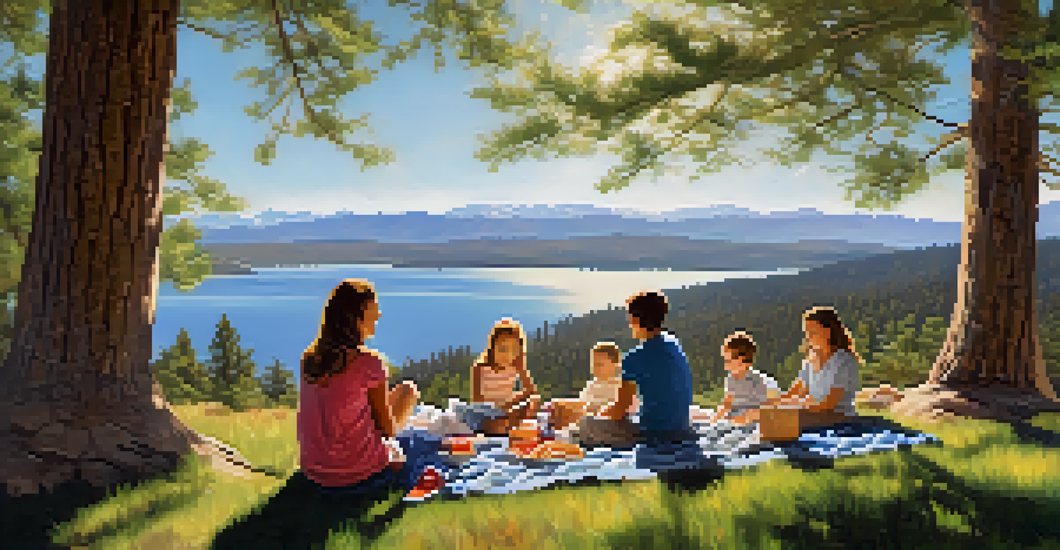 A family having a picnic at a scenic overlook with a lake and mountains in the background.
