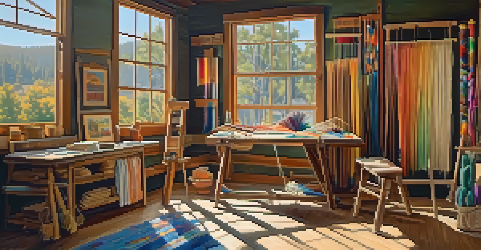 A textile artist's studio with a weaving loom and colorful threads, bathed in warm sunlight.