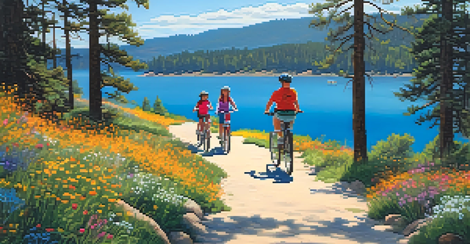 A picturesque trail in Big Bear Lake surrounded by wildflowers and tall pines, with families walking and biking along the path by a sparkling lake.
