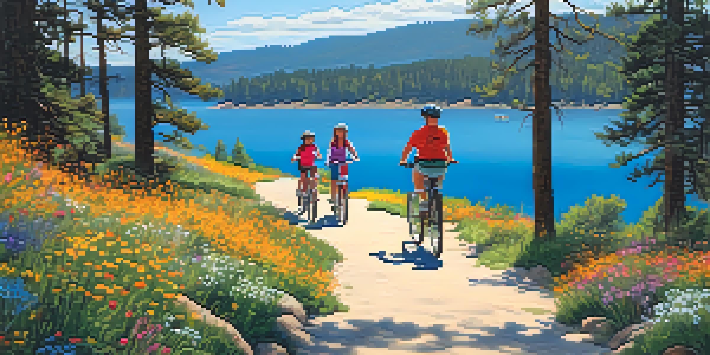 A picturesque trail in Big Bear Lake surrounded by wildflowers and tall pines, with families walking and biking along the path by a sparkling lake.
