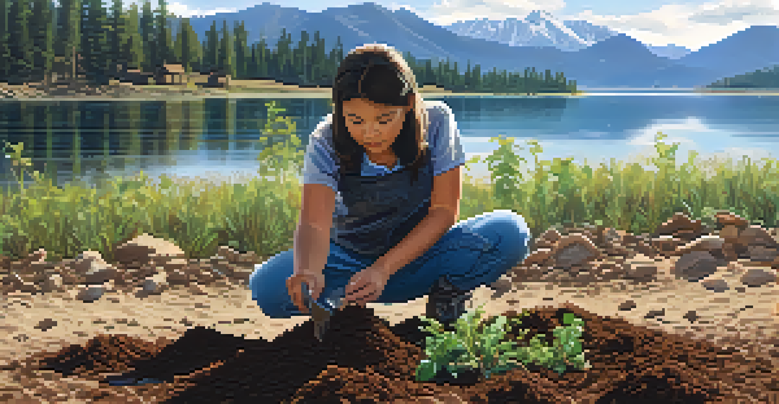 A young person planting a sapling during a community clean-up event, surrounded by others collecting trash with a lake view in the background.