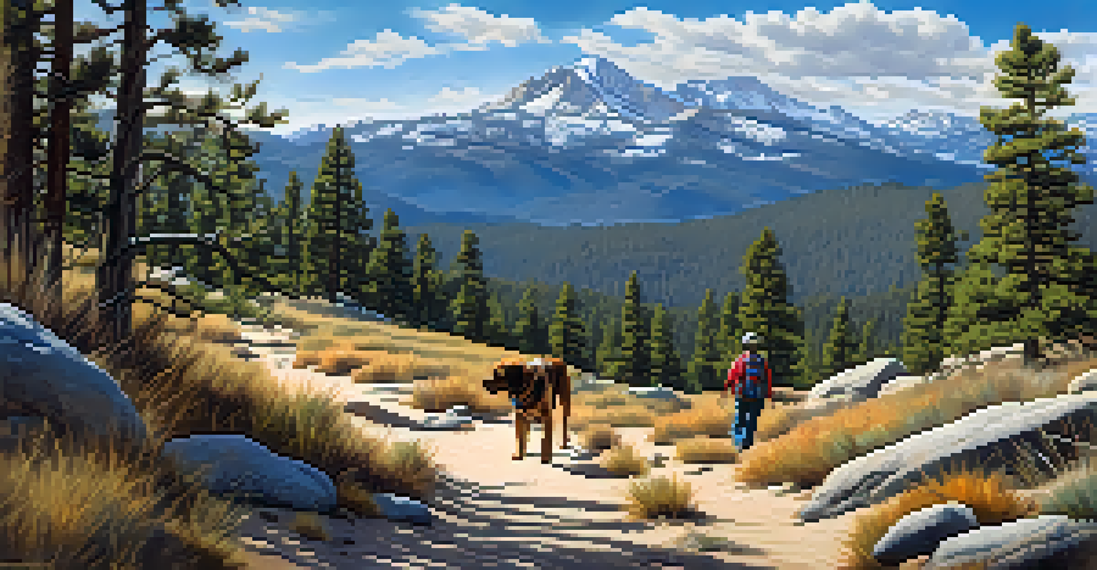 A hiker and their dog exploring a trail in Holcomb Valley Park with mountains in the background.