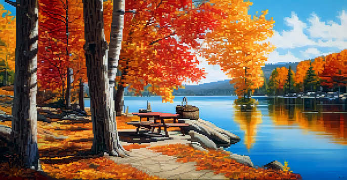 A scenic view of Big Bear Lake surrounded by colorful autumn trees and a clear blue sky, featuring a picnic table in the foreground.