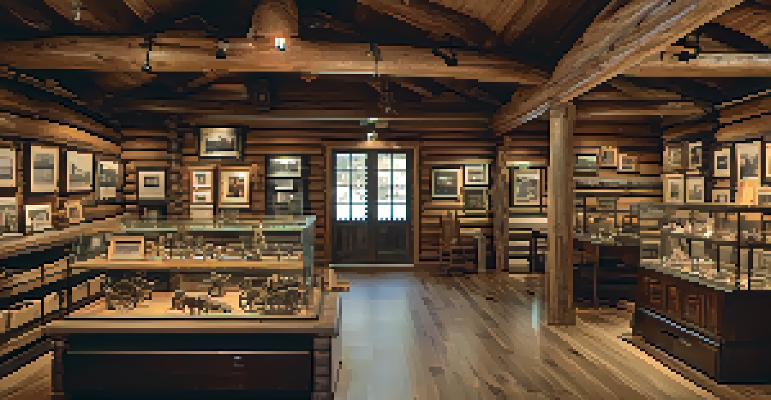 Interior view of a museum featuring vintage artifacts and wooden walls, with framed photographs and tools on display.