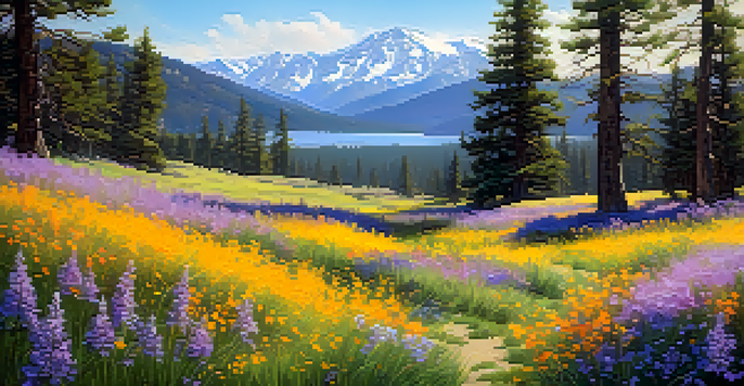 A colorful spring meadow in Big Bear with blooming wildflowers and mountains in the background under a clear blue sky.
