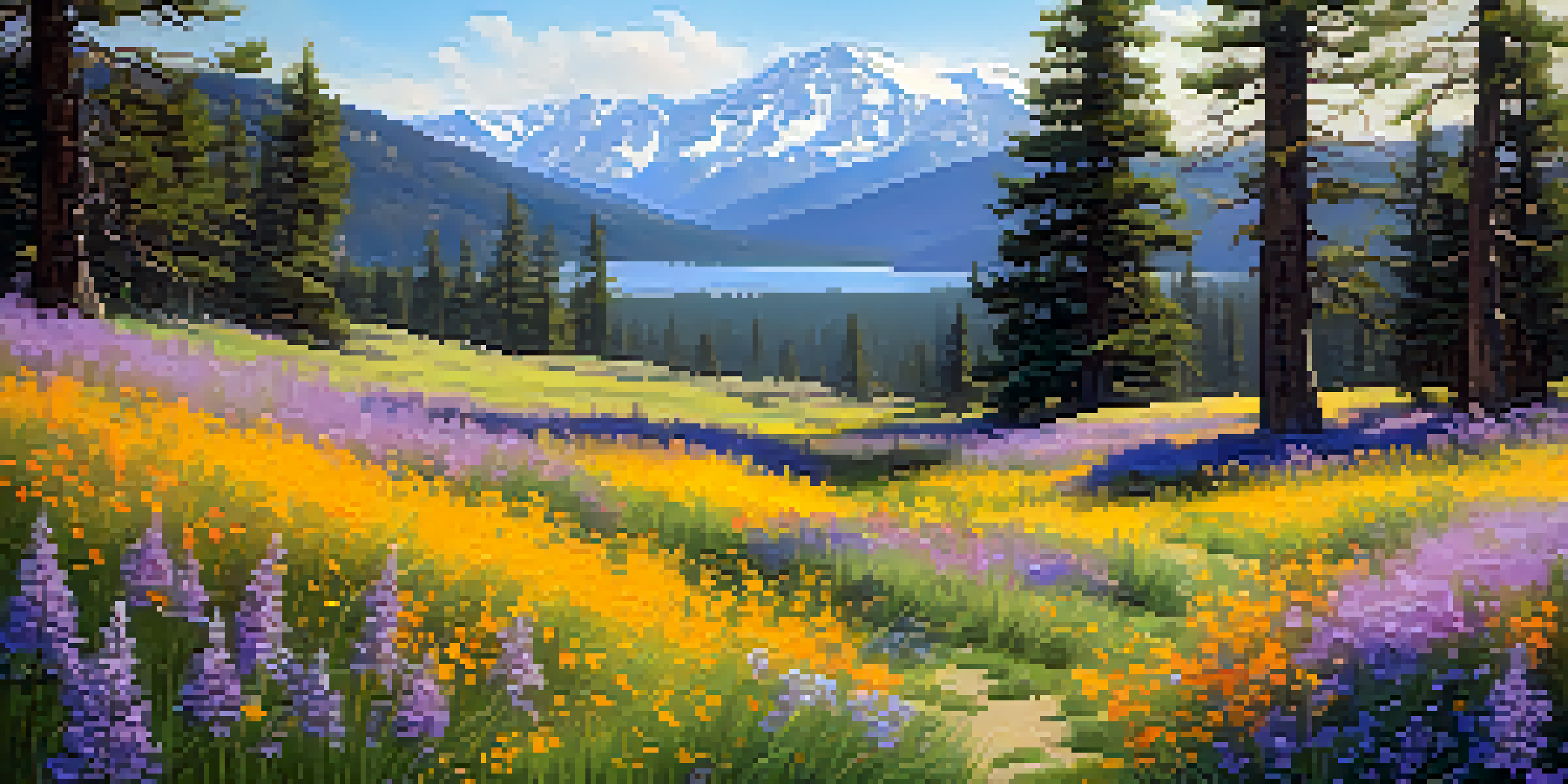 A colorful spring meadow in Big Bear with blooming wildflowers and mountains in the background under a clear blue sky.