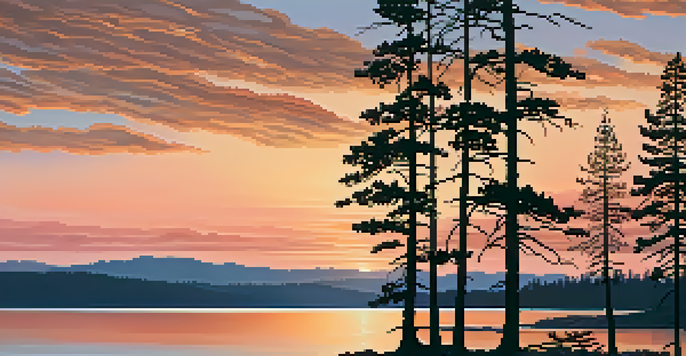 A stunning view of Big Bear Lake at sunrise, with pink and orange reflections on the water and silhouetted pine trees in the foreground.