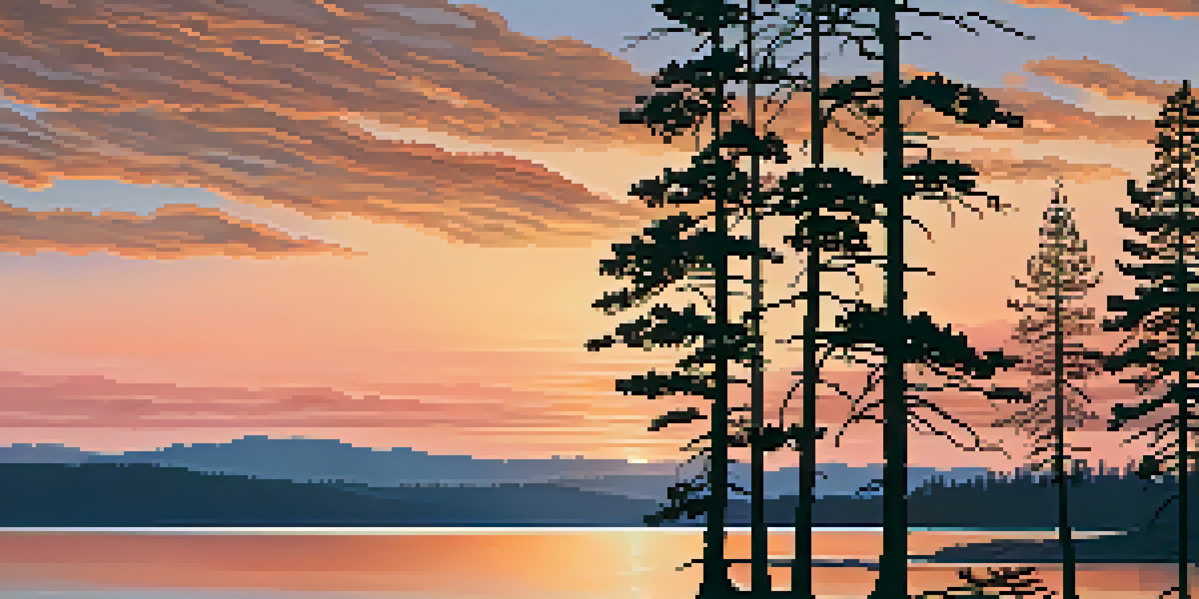 A stunning view of Big Bear Lake at sunrise, with pink and orange reflections on the water and silhouetted pine trees in the foreground.