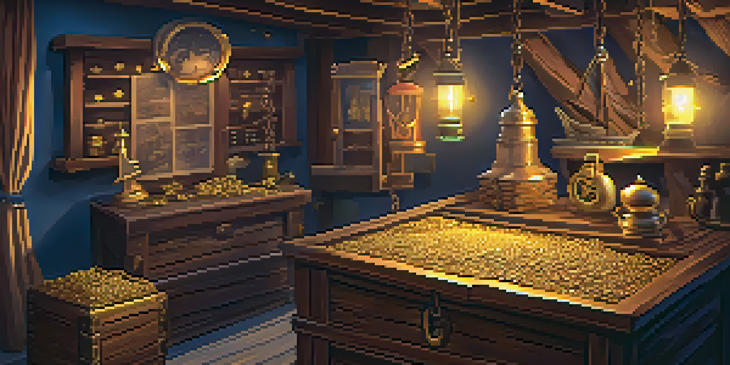A pirate-themed escape room with a treasure chest, map, and nautical decorations, illuminated by warm lighting.
