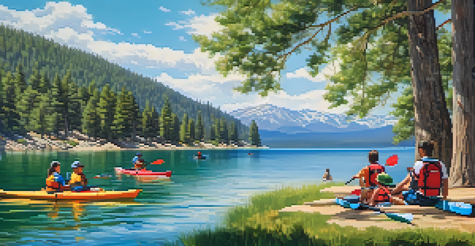 A lively summer day at Big Bear Lake with people kayaking and families having picnics by the shore.