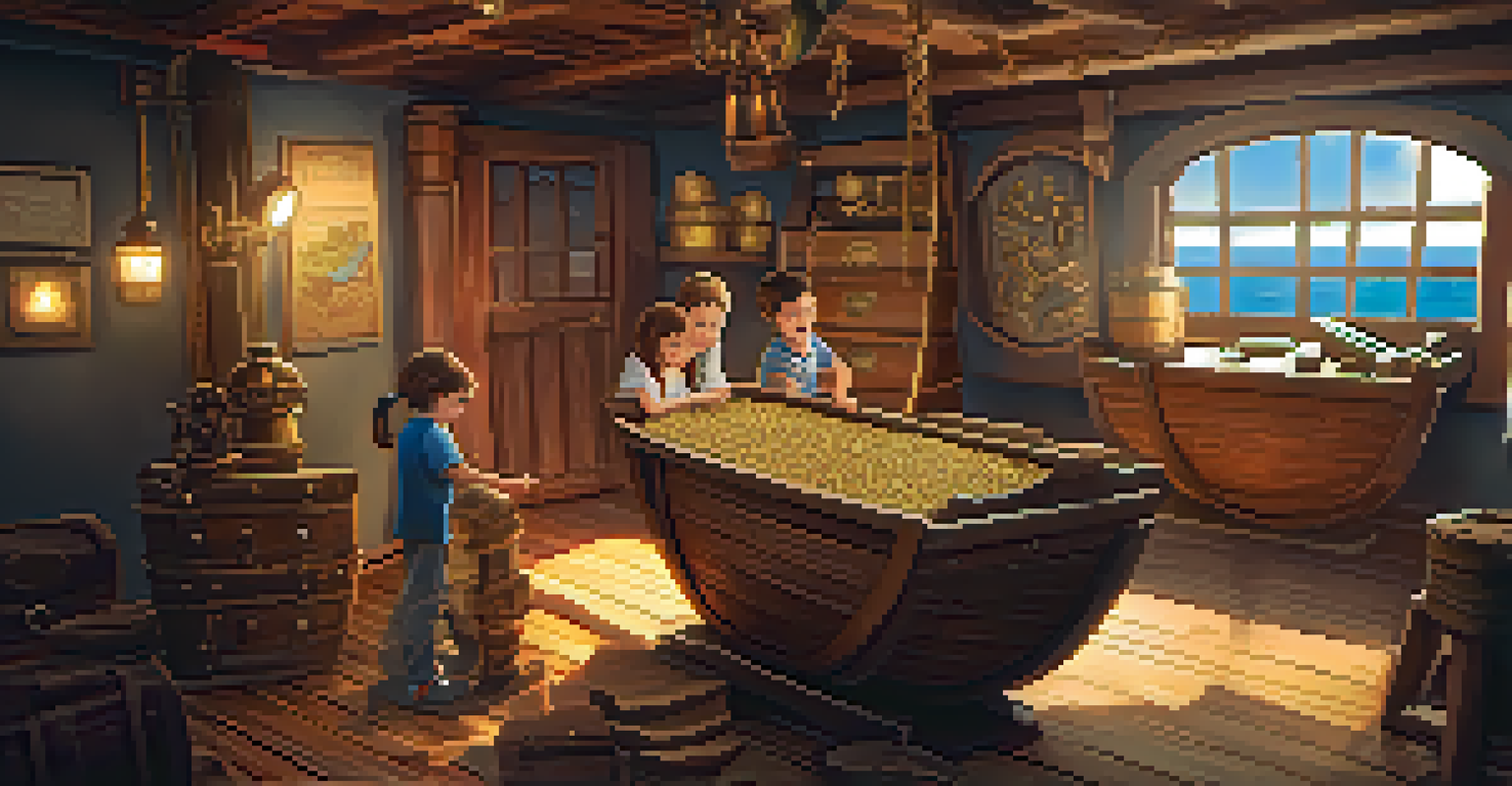 A family engaged in a pirate-themed escape room, searching for clues among treasure chests and nautical decor inside a wooden ship.