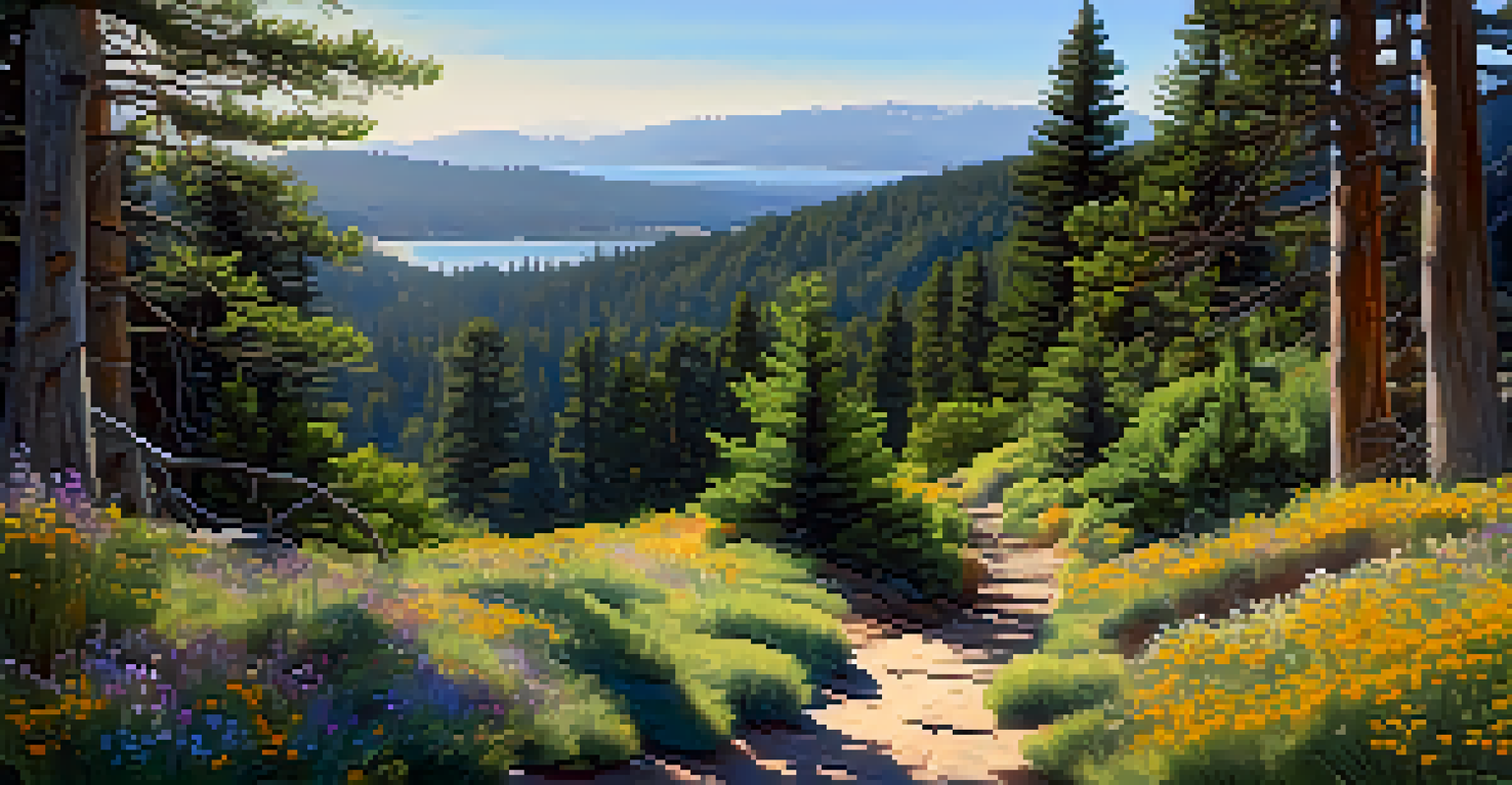 A beautiful hiking trail in Big Bear with wildflowers and sunlight filtering through trees, leading to a viewpoint of the lake.