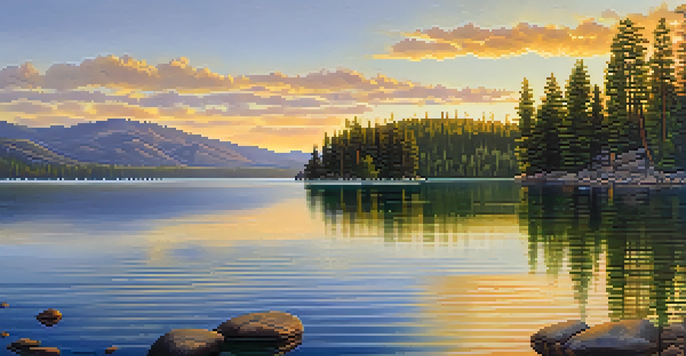 A tranquil sunrise over Big Bear Lake, with golden hues illuminating the water and surrounding trees.