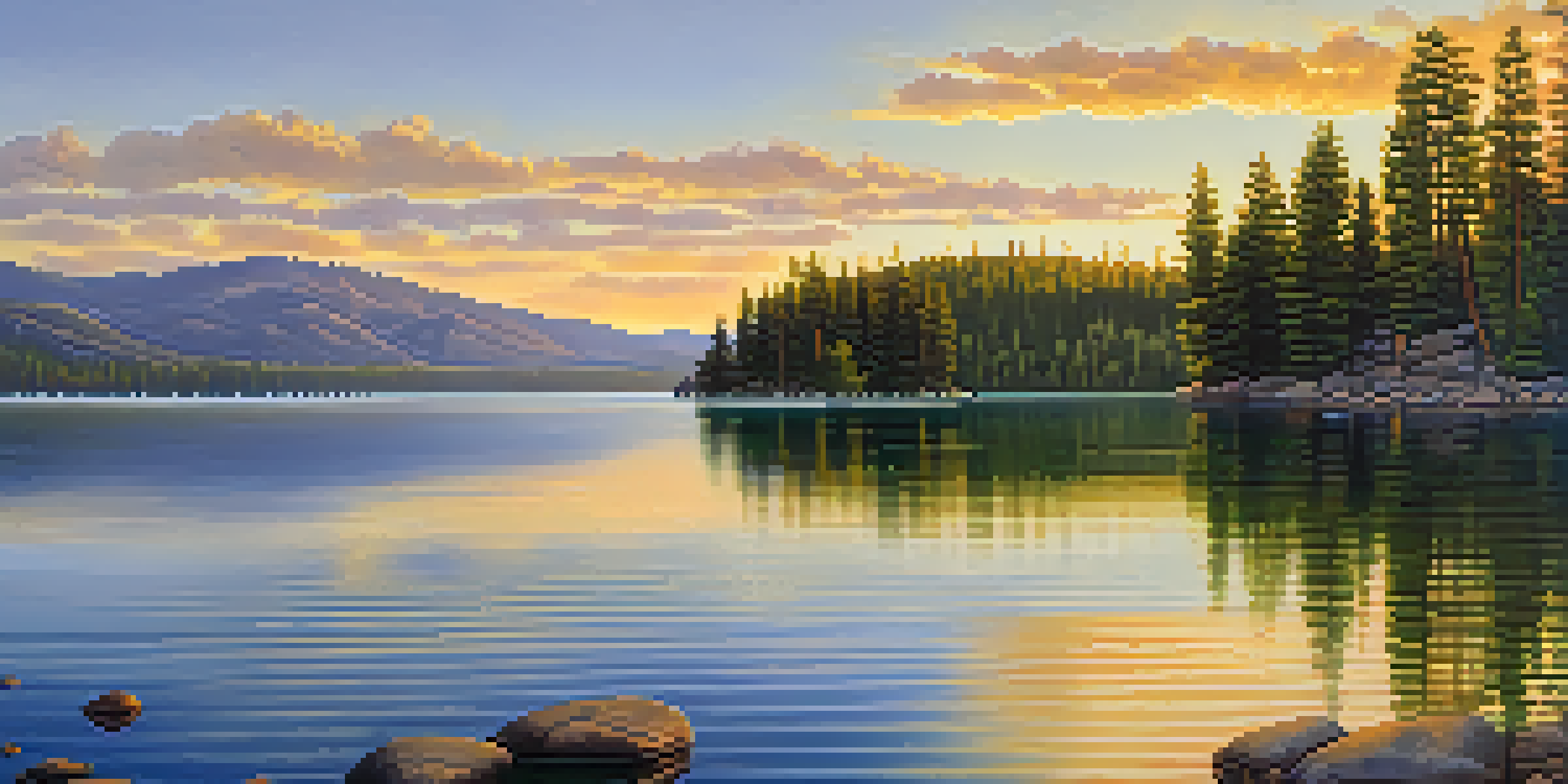 A tranquil sunrise over Big Bear Lake, with golden hues illuminating the water and surrounding trees.
