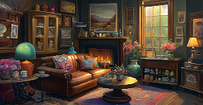 A cozy antique shop filled with vintage furniture and warm lighting, showcasing a rustic coffee table and unique decor items.