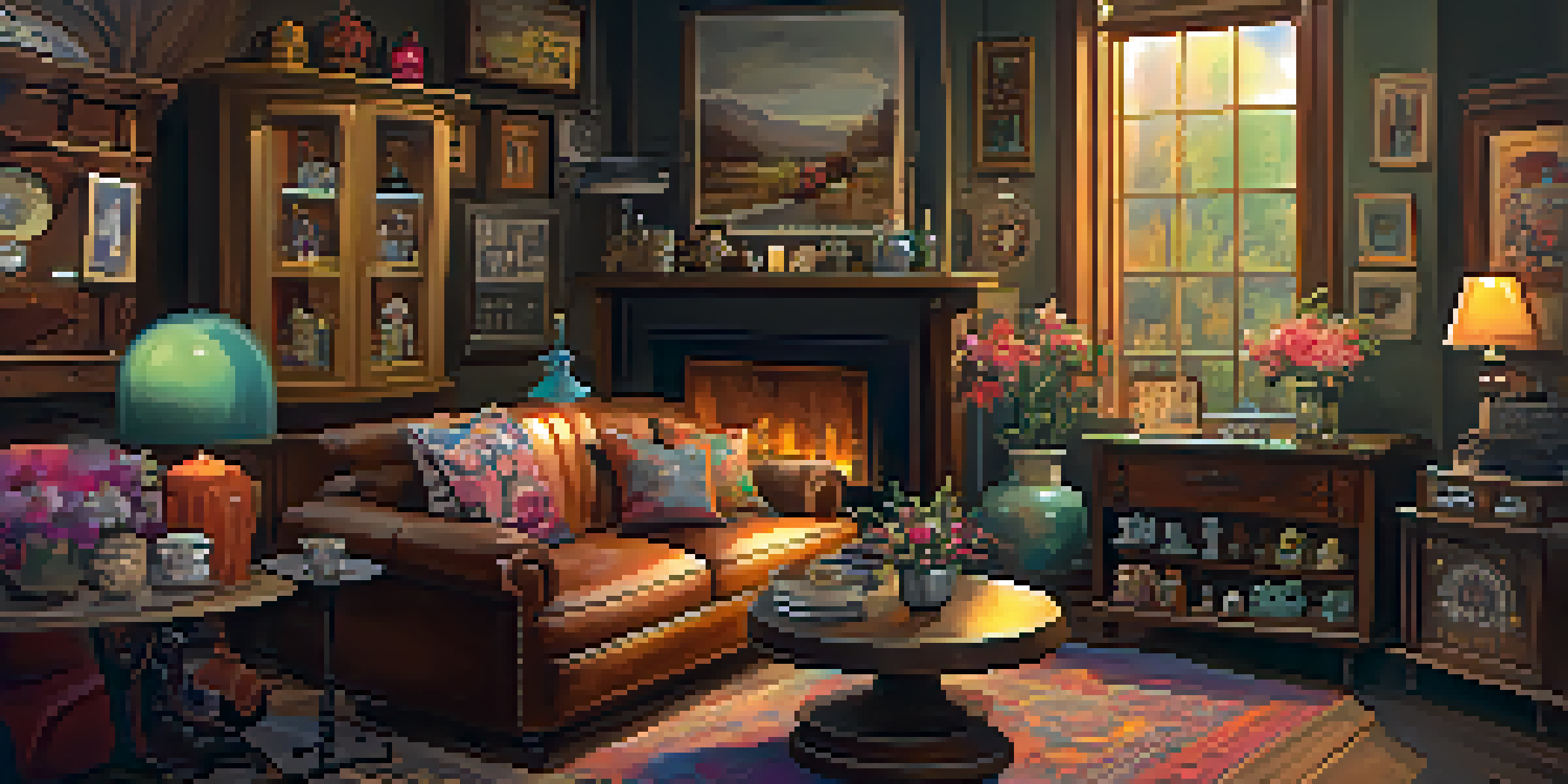 A cozy antique shop filled with vintage furniture and warm lighting, showcasing a rustic coffee table and unique decor items.