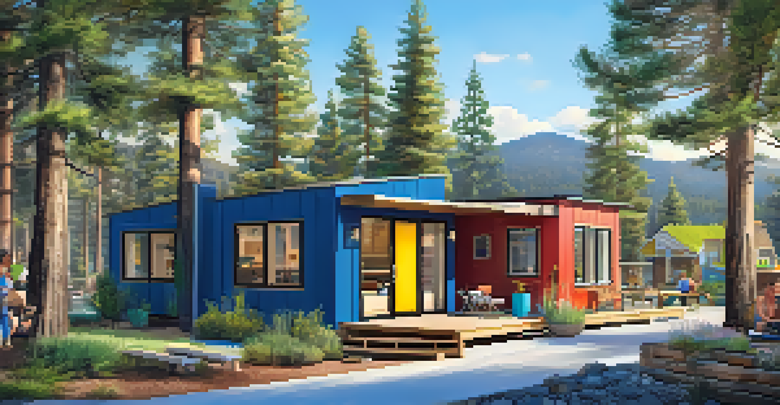 A vibrant tiny home community in Big Bear showcasing modern houses and residents enjoying shared gardens.