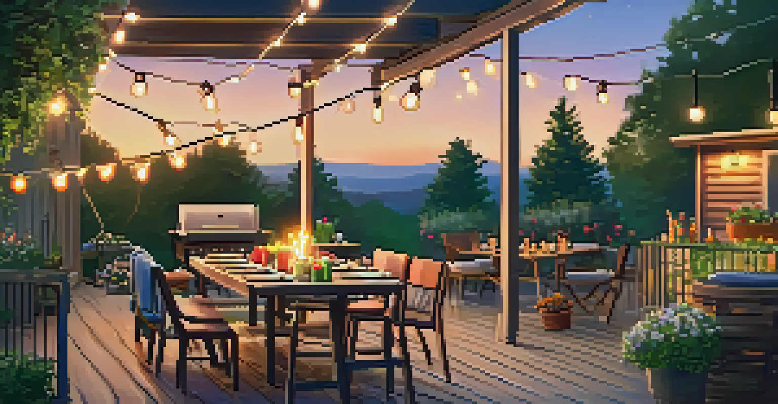 A cozy outdoor BBQ setting with string lights, picnic tables, and a sunset sky, creating an inviting atmosphere.