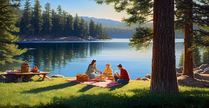 A picturesque picnic by the lake with a blanket, food basket, and people enjoying the outdoors.