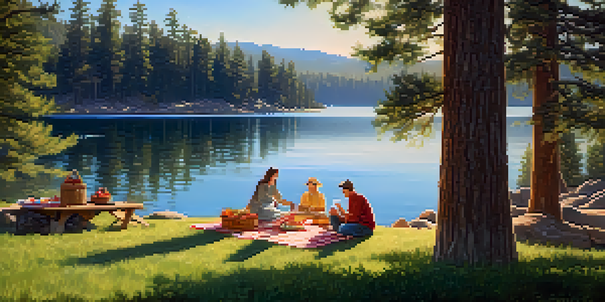 A picturesque picnic by the lake with a blanket, food basket, and people enjoying the outdoors.
