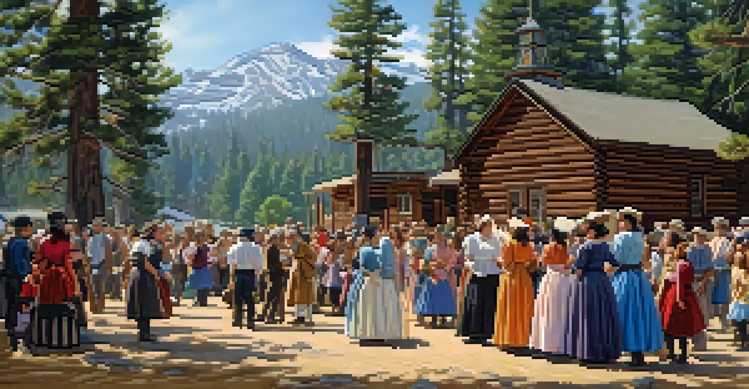 A community gathering outside an early settler's church in Big Bear, featuring families and children.