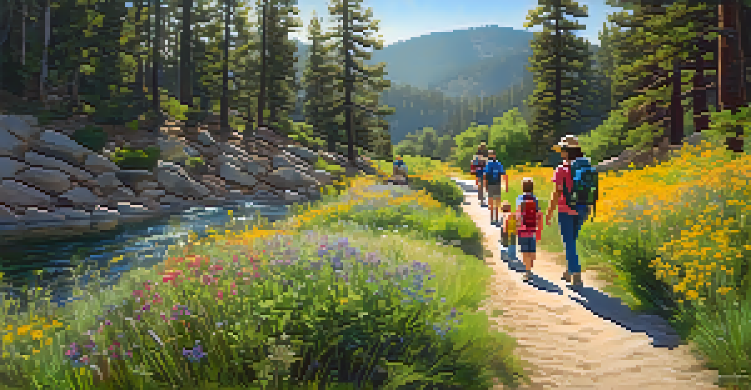 A family hiking on a flower-lined path with trees providing dappled sunlight in Big Bear Lake.