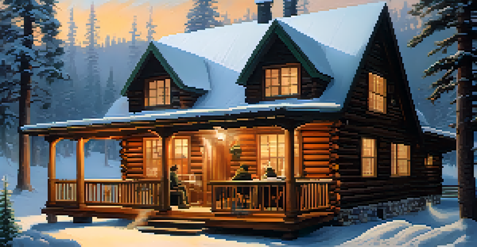 A winter lodge in a snowy landscape, with two friends enjoying drinks on the porch, surrounded by trees.