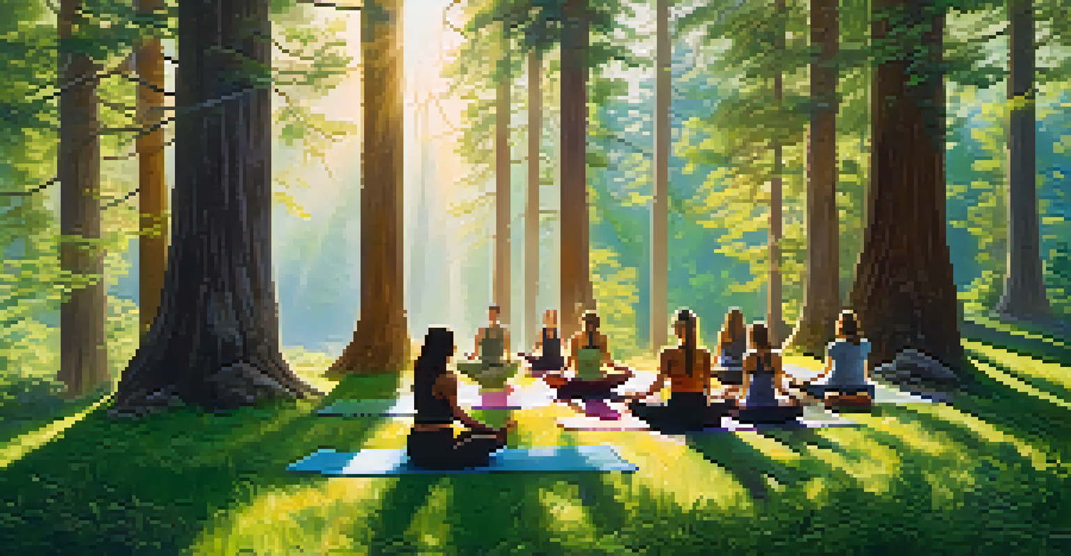 A diverse group of people practicing different yoga poses in a sunlit forest clearing.