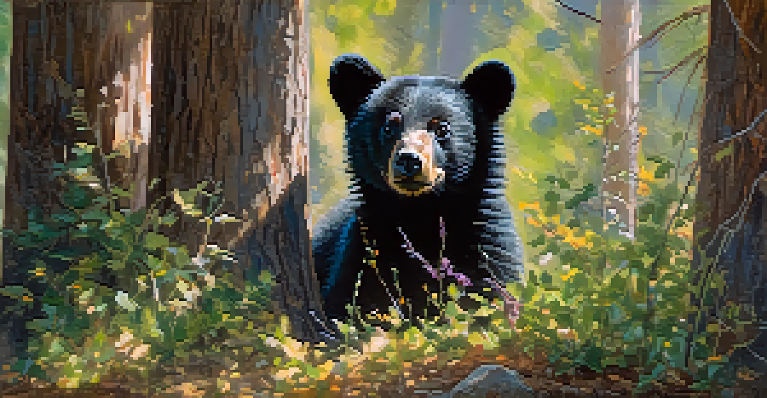 A black bear cub hiding behind a tree in a sunlit forest, surrounded by colorful wildflowers.