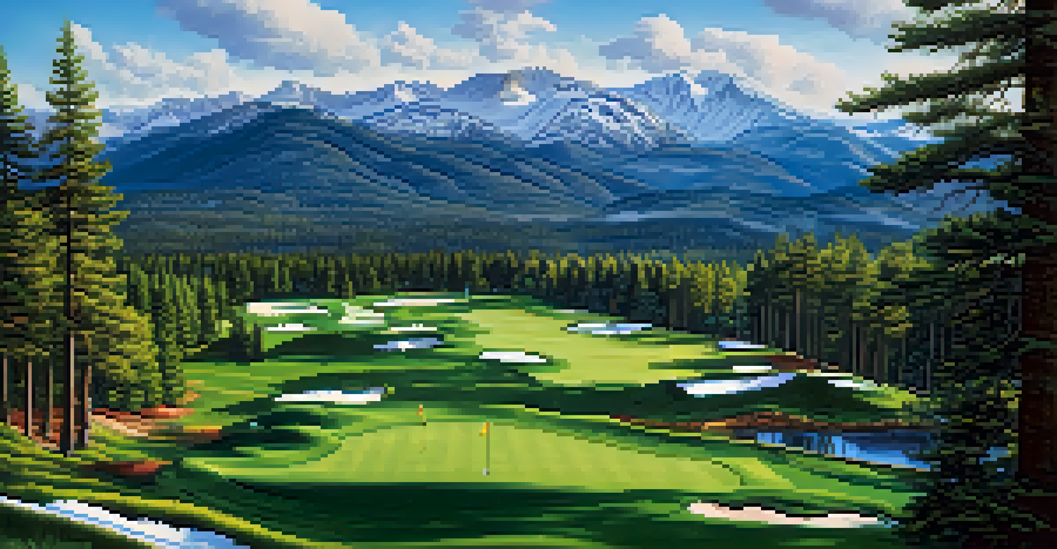 Aerial view of Bear Mountain Golf Course with golfers, pine trees, and mountains.