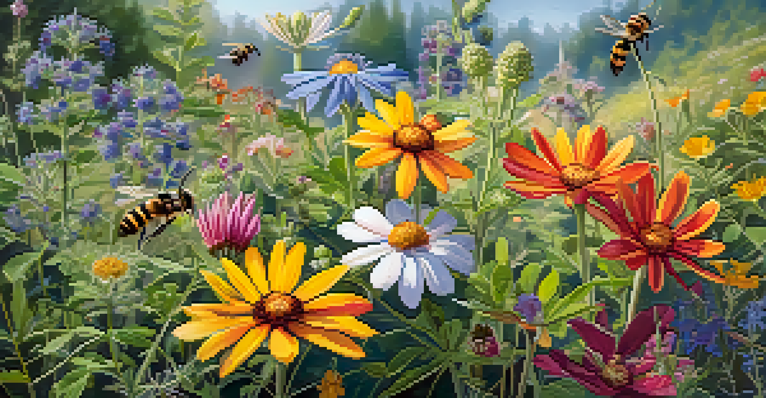 Close-up of diverse wildflowers in bloom with bees pollinating under sunlight.