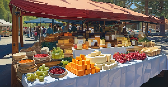 A lively farmers market with colorful artisan foods and fresh produce, illuminated by soft morning light.