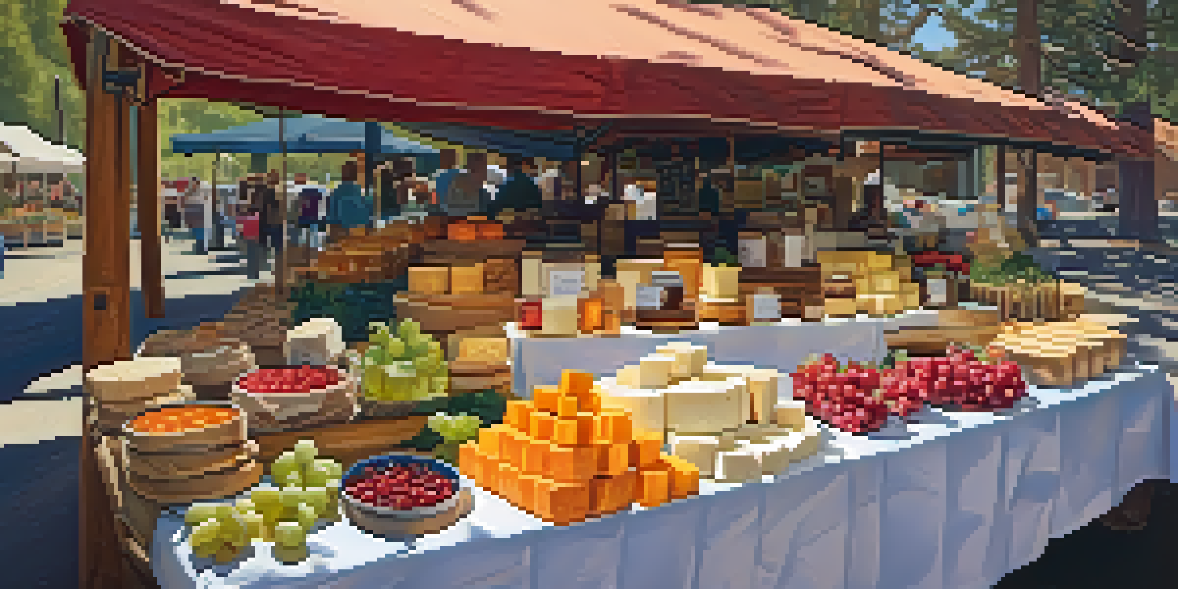 A lively farmers market with colorful artisan foods and fresh produce, illuminated by soft morning light.