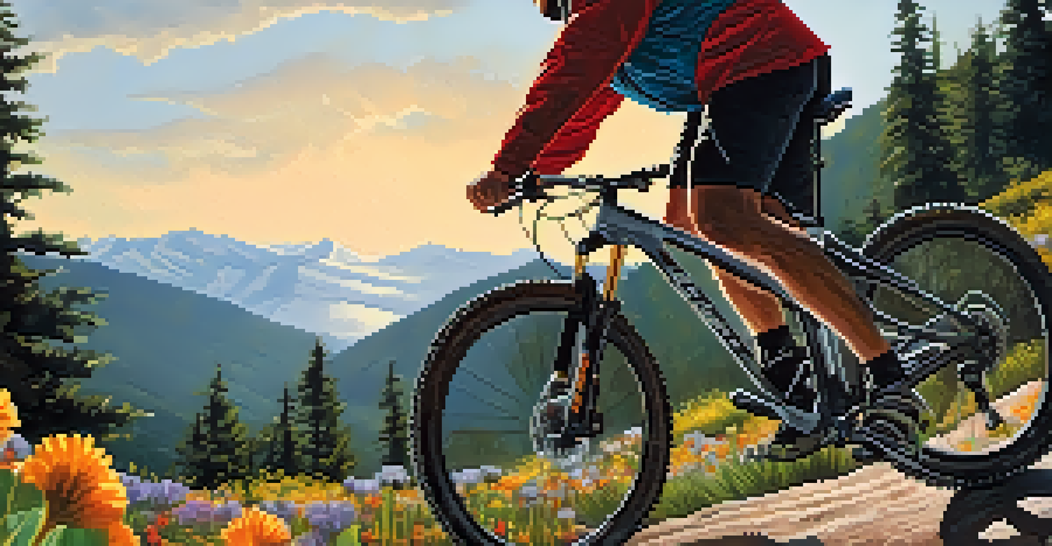 Close-up of a biker's hands on handlebars with a scenic trail and wildflowers in the background.