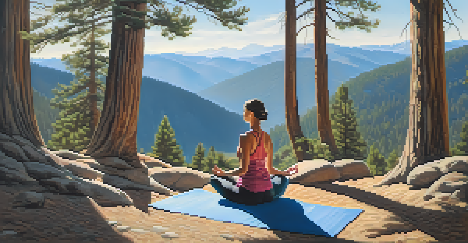 A person meditating peacefully on a yoga mat in the mountains with a scenic view.