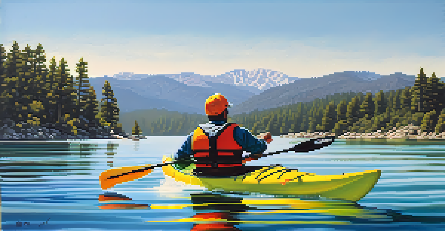 A kayaker in a bright life jacket paddling on Big Bear Lake, with mountains and greenery in the background.