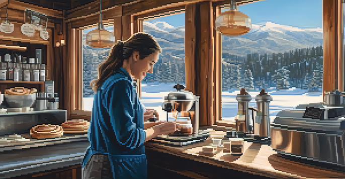 A warm café interior with a barista making coffee and a cinnamon roll on display, with mountains visible through the window.