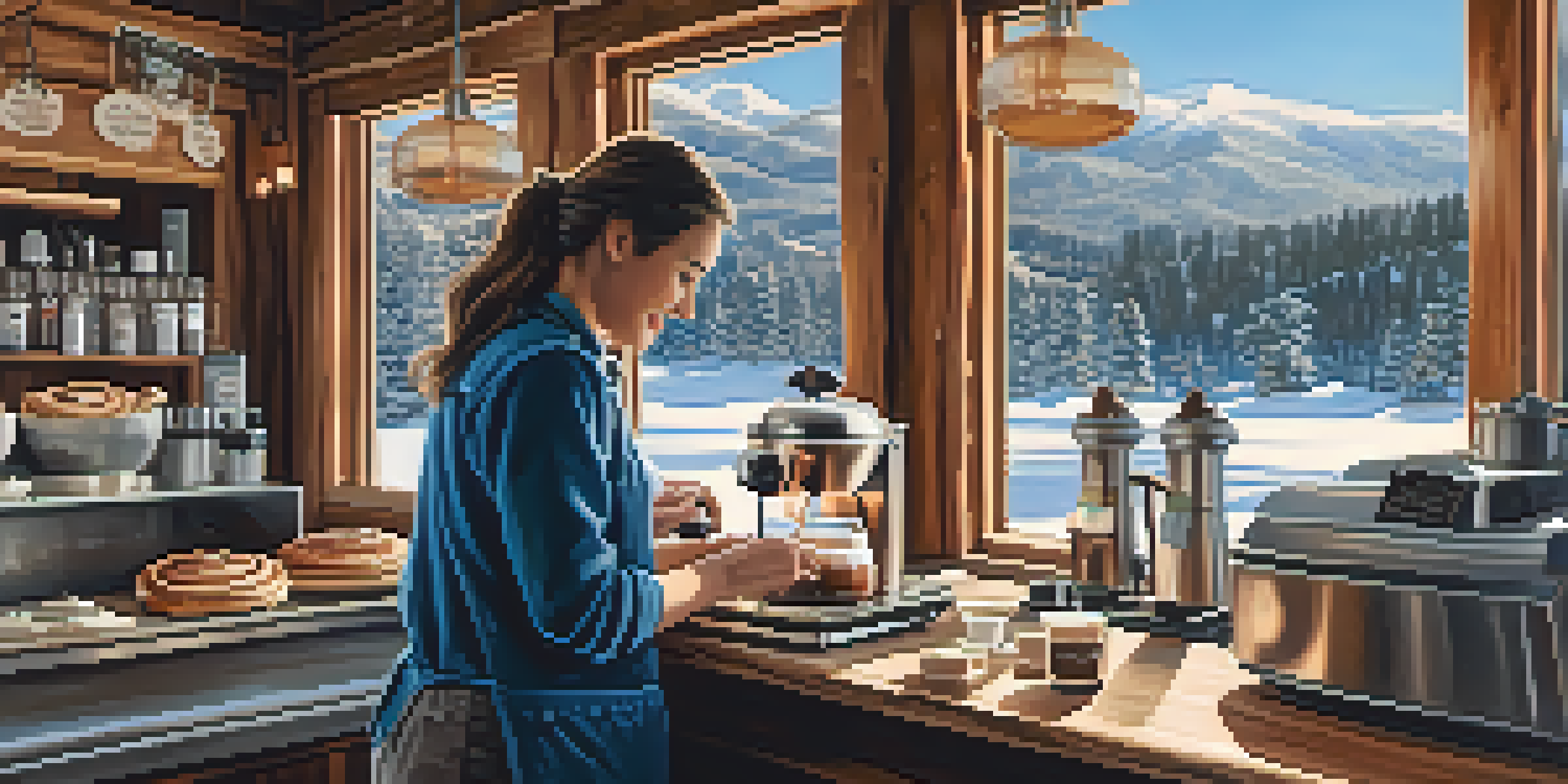 A warm café interior with a barista making coffee and a cinnamon roll on display, with mountains visible through the window.