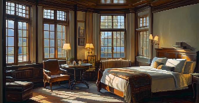 A cozy vintage room in a historic hotel with rustic wooden furniture and a warm fireplace, illuminated by sunlight.