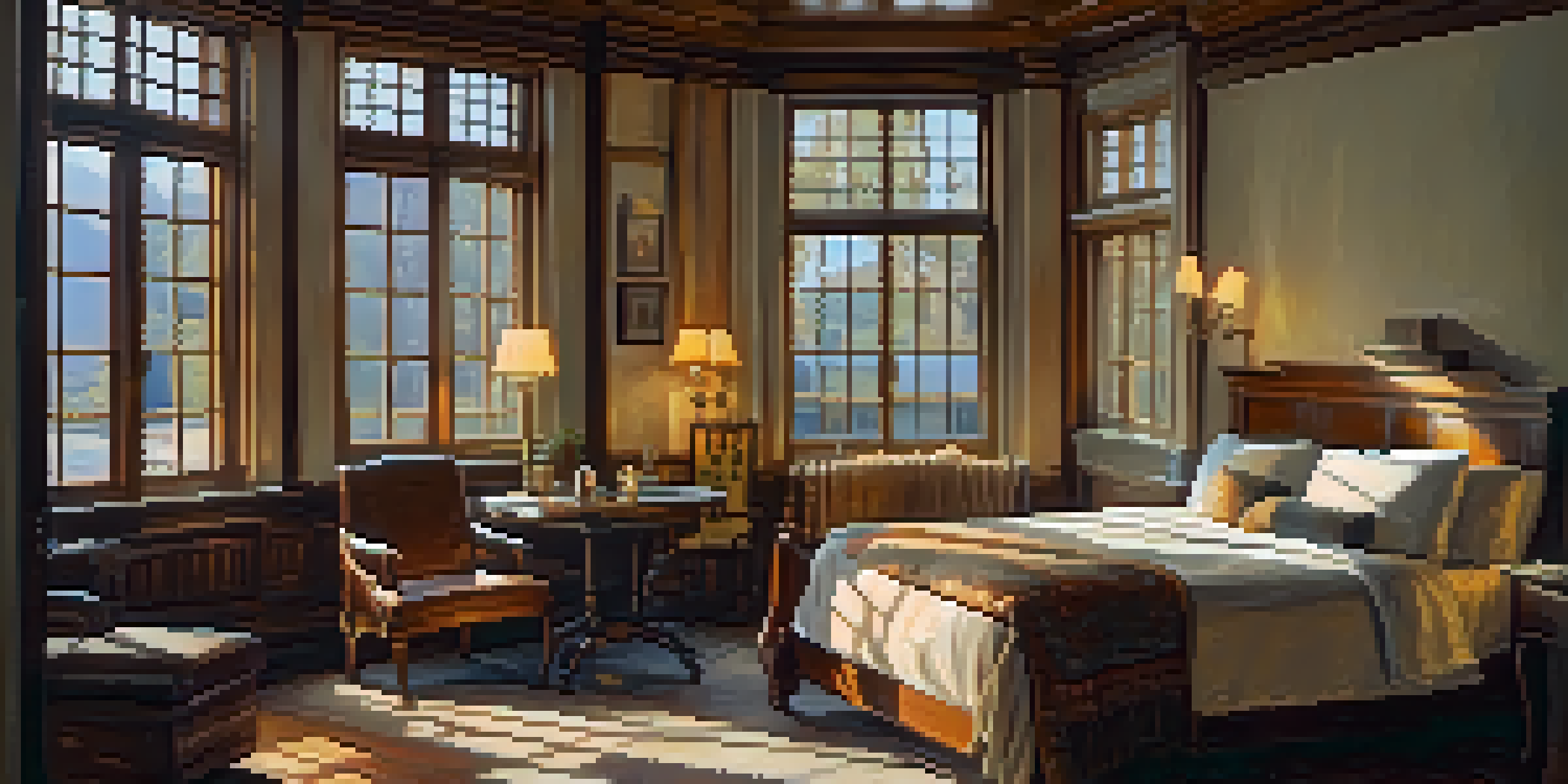 A cozy vintage room in a historic hotel with rustic wooden furniture and a warm fireplace, illuminated by sunlight.