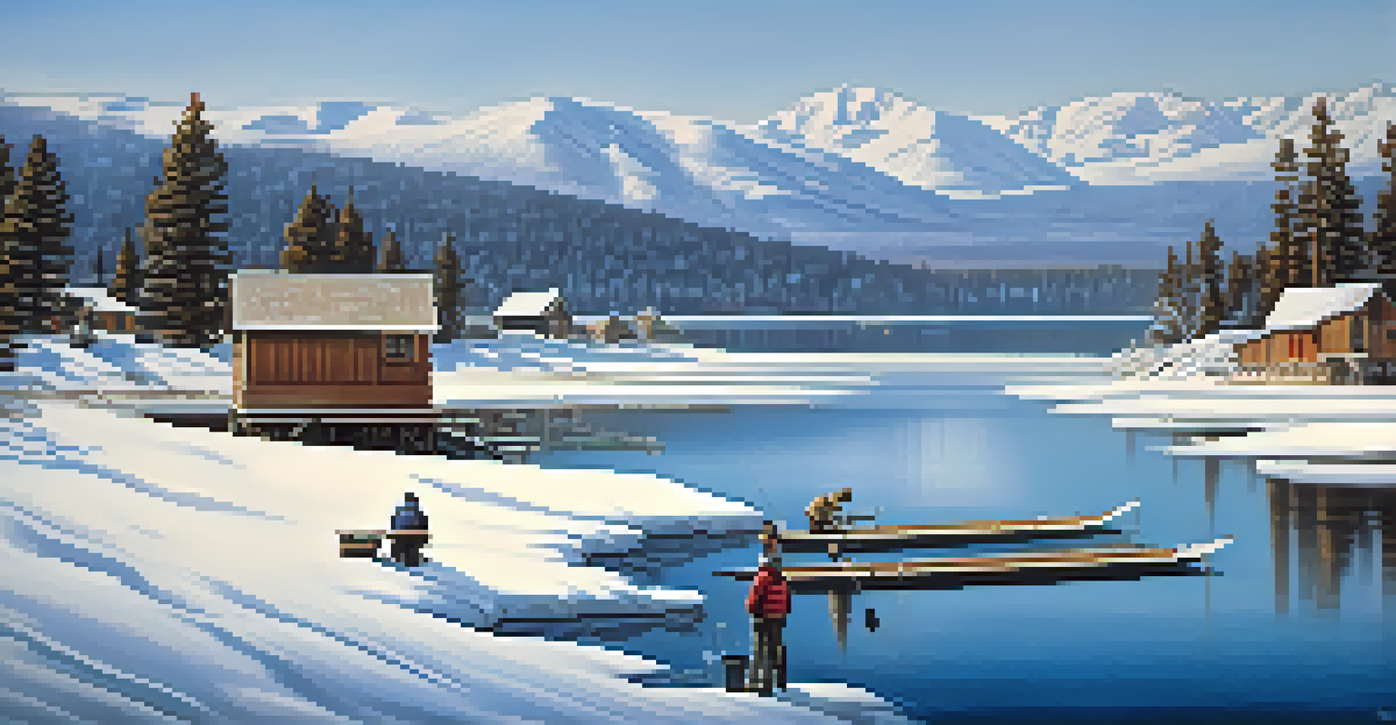 A quiet winter landscape at Big Bear Lake with snow-covered mountains and ice fishing shanties.