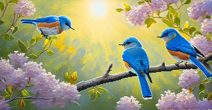 A picturesque spring landscape in Big Bear with blooming flowers and trees, featuring two western bluebirds on a branch.