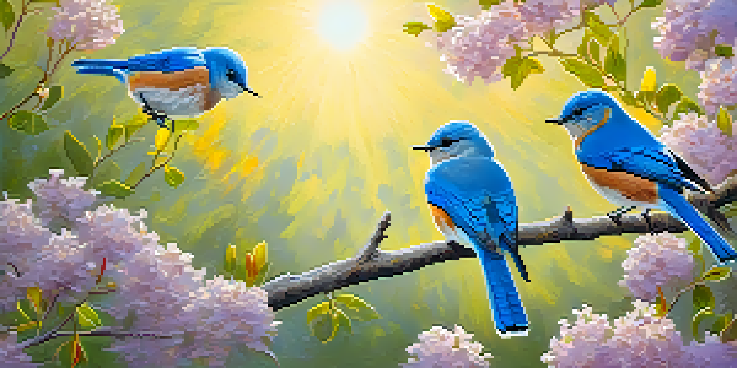 A picturesque spring landscape in Big Bear with blooming flowers and trees, featuring two western bluebirds on a branch.